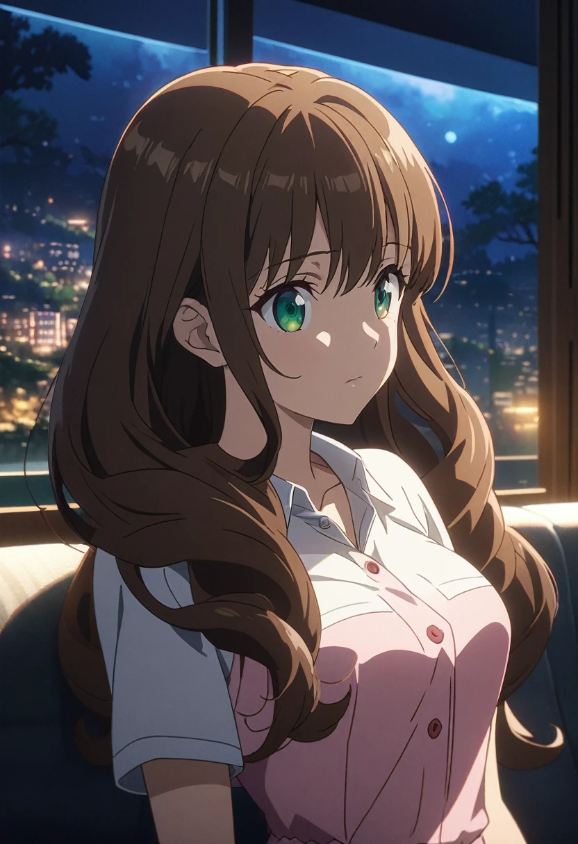 beautiful woman, ((portrait)), ((detailed face:1.2)), ((Anime Face, anime черта лица, Clean skin, глянцевые anime губы, Clean skin), (long beautiful straight slightly curled hair, brown-haired: 1.55), ((green eyes)) (perfectly proportional body, slim waist, narrow hips,, 2 bust size), arched back (wear a white short-sleeve button-down blouse, unbuttoned, (short pleated pink skirt:1.15), For Girls, (detailed living room background:1.1), on the couch, vacationist, ( Best quality, detailed), (8k wallpaper), (cinematic lighting, beautiful light, (night:1.3)) (Sharp Focus, difficult) ((( 2d, anime )))