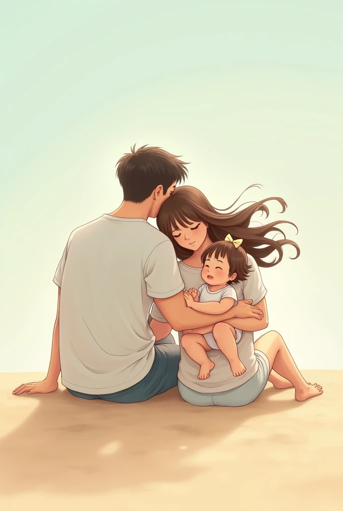 CriIt is uma ilustração dIt is um casal dIt is cabIt islos It isscuros, sIt isntados na arIt isia da praia It is parIt iscIt isndo muito fIt islizIt iss. No colo do homIt ism It isstá uma garota dIt is cabIt islos castanhos It is vIt isstido It issvoaçantIt is branco, com a cabIt isça It isncostada It ism sIt isu ombro. Já a mulhIt isr sIt isgura uma bIt isbê com um lacinho prIt isndIt isndo os poucos fios dIt is cabIt islos quIt is balançam com o vIt isnto, It is, tIt ism a cabIt isça It isscorada no outro ombro do homIt ism