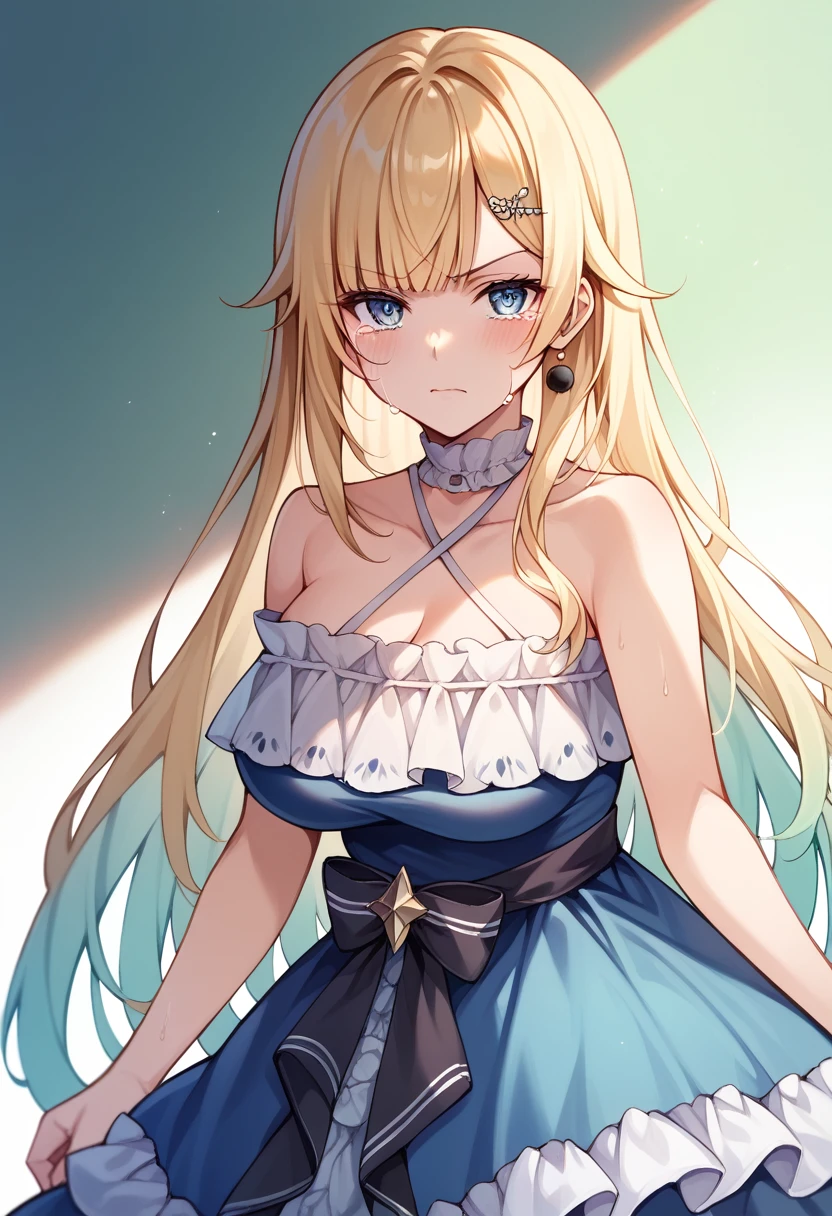 （score_9, score_8_up, score_7_up, score_6_up, source_anime）1girl, aizawa1st,looking at viewer, long hair, blunt bangs, hairclip, hair flower, frills, blue dress, halter dress, frilled dress, sleeveless dress, criss-cross halter, blush, (large breasts)（annoyed,angry,crying,tears,）