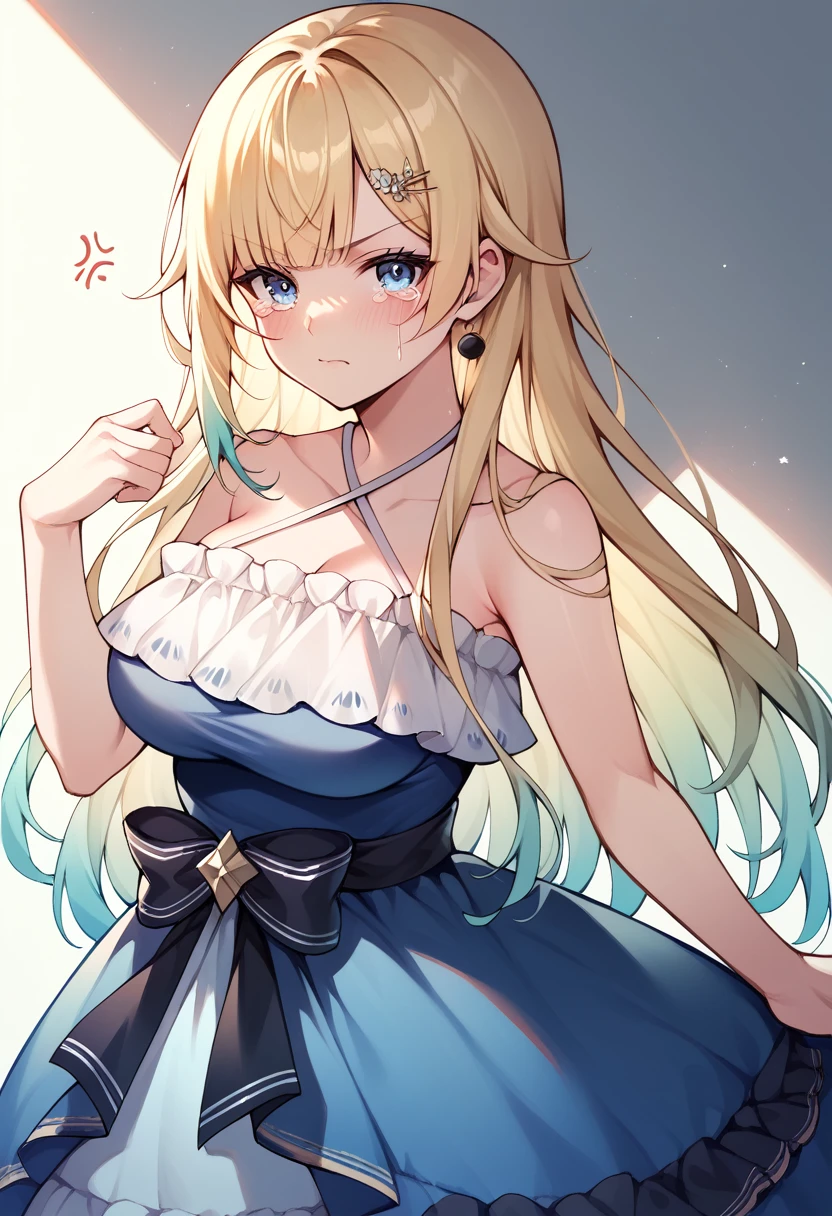 (score_9, score_8_up, score_7_up, score_6_up, source_anime)1girl, aizawa1st,looking at viewer, long hair, blunt bangs, hairclip, hair flower, frills, blue dress, halter dress, frilled dress, sleeveless dress, criss-cross halter, blush, (large breasts)(annoyed,angry,crying,tears,)