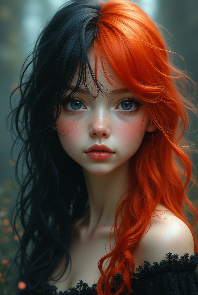 You can create an image of a girl with half black and half red hair