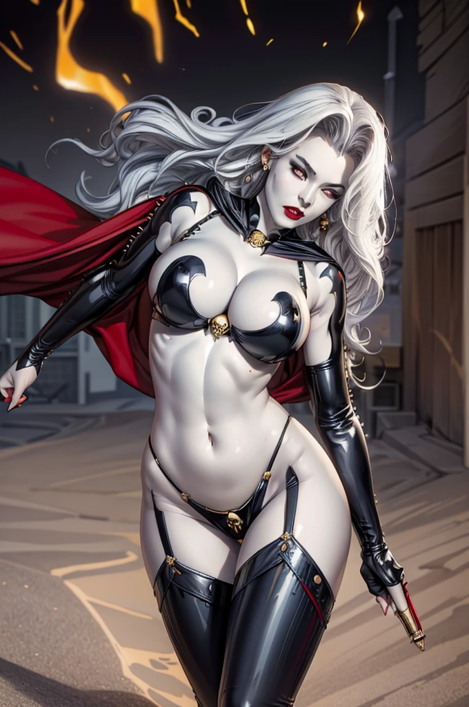 CARTOON_lady_death, blank_eyes,long hair,breasts,white hair,makeup,colored skin,navel,lipstick,large breasts,wavy hair,white skin,lips,curly hair,red lips,very long hair,toned, narrow_waist, curvy,pale skin,jewelry,earrings,gloves,piercing,elbow gloves,armor,long pants,collar,black jacket, large jacket, red pants,skull earrings, official art,extremely detailed CG unity 8k wallpaper, perfect lighting,Colorful, Bright_Front_face_Lighting,shiny skin, (masterpiece:1.0),(best_quality:1.0), ultra high res,4K,ultra-detailed, photography, 8K, HDR, highres, (absurdres:1.2), Outfit Casual, Beach Casual, (bokeh:1.2), lens flare, (vibrant_color:1.2), (beautiful_face:1.5),