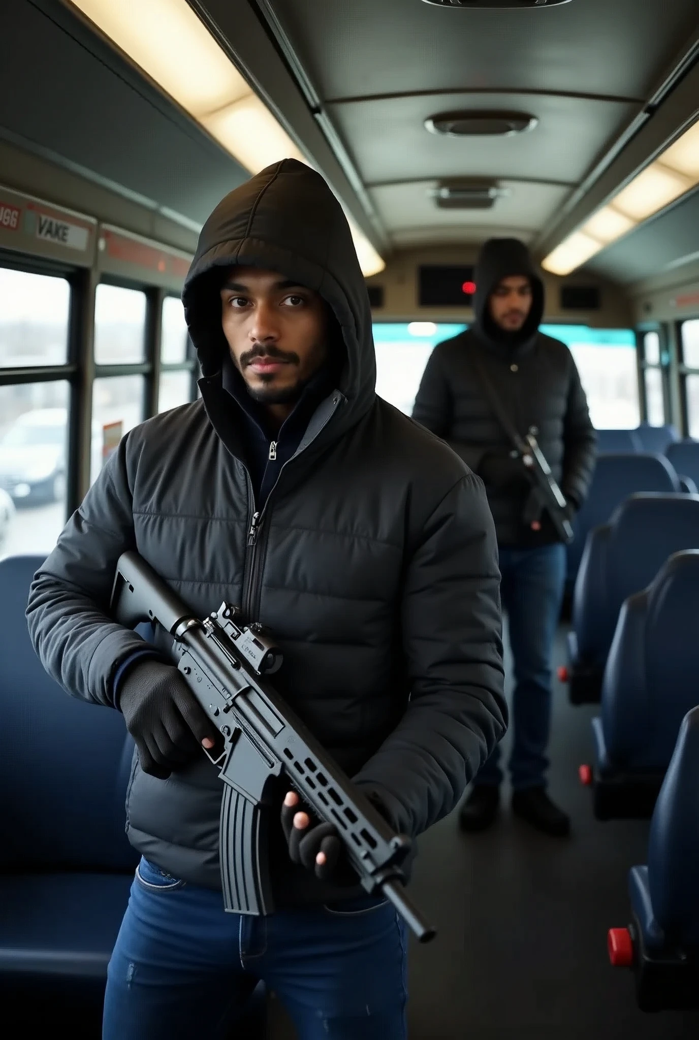 Armed robbers inside the bus
