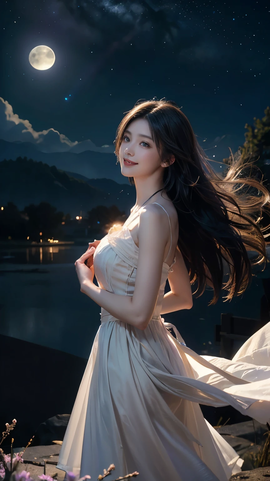 (logo、masterpiece、8k、Tabletop、RAW Photos、wonderful、最high quality、フォトリアルでVery detailedなCG合成8k壁紙、high quality、Very detailed、Narrative poem、Particle Effects、Dynamic Effects、Depth of the Boundary)What is written is、Cinematic Light、Lens flare、Ray Tracing)、Fantasy、(Purple Dress)、(night、night空、Starry Sky、full moon)、(Girl looking up at the sky)、sit、cute、Japanese style、 (smile)、Long Hair、Strong winds、(Hair blowing in the wind)、(White Dress)、Natural light、moonlight、(Horizontal photography)、(chest emphasis)、(Low position)、(Low - Angle)