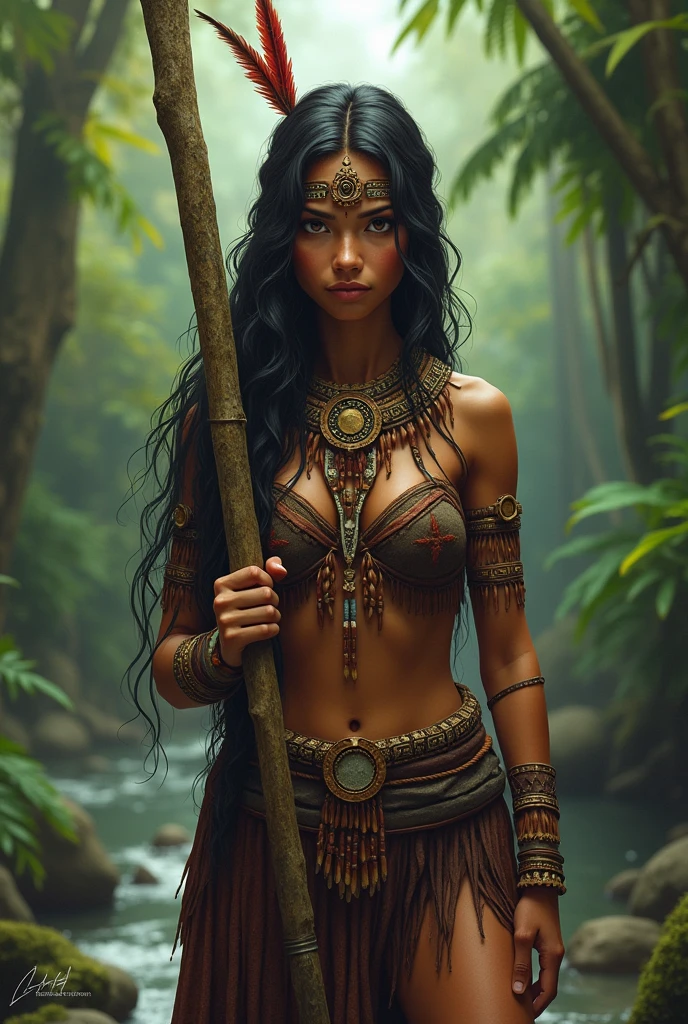 arafed woman in native dress holding a stick in a river, amazon indian peoples in brazil, amazon warrior, forest hunter lady, a young female shaman, north adult female warrior, wearing tribal armor, in a jungle environment, amazon queen, holding a spear, tribal clothing, gorgeous jungle ranger, indigenous, holding spear, she is dressed in shaman clothes, full body 