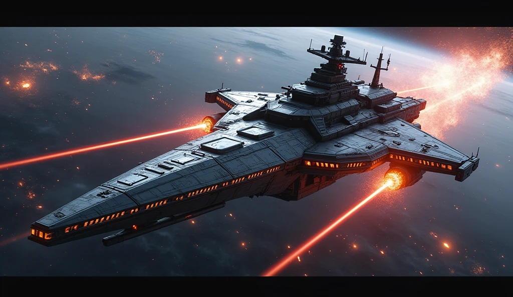 (photorealism:1.2), (Epic), Battleship/spaceship, futuristic battleship, military battleship, laser canons, energy shield, in the space 