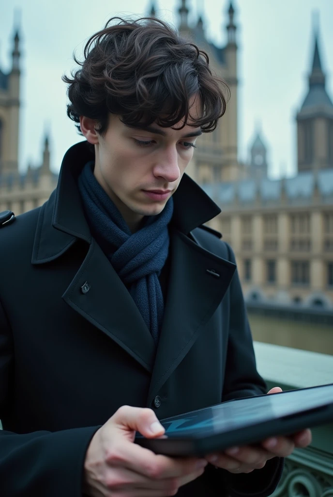 Scherlock Holmes from the BBC series Scherlock looking forward, winking and touching the front as if touching the front as if it were a screen,London city background and Scherlock is wearing a black overcoat and dark blue scarf he is beardless he appears to be 20 years old