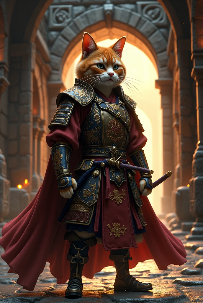 Puss in Boots entering an enchanted castle in samurai clothes