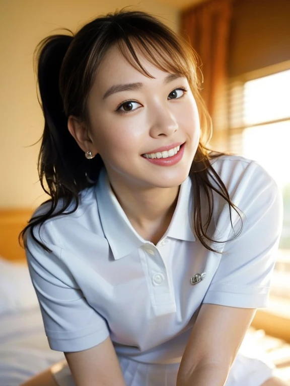 (Masterpiece, Best quality: 1.4), (Ultra realistic, Photo-realistic: 1.2), Full body, Natural light, 25 years old school girls, Japanese women, Neat and clean, (White sexy tennis uniform, White short-sleeve polo shirt with darknavy line collar:1.2), (unbutton:1.3), (White tennis skirt:1.2), (ponytail:1.2), Light brown hair color, (Beautiful Face), Oval face, clear, (Beautiful eyes, Kind eyes), (Clear skin), Small face, (Small mouth, Beautiful mouth), Natural makeup, Approachable, Luxury hotel Suite room, On bed, (nsfw:1.2), Seductive smile, (Seductive pose:1.2), (Beautiful thighs:1.2), Bedroom eyes,