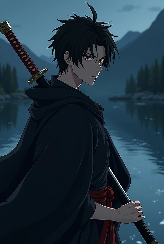 Create an image of a slightly muscular 23 year old white male with black hair, just like Miyamoto Musashi from Vagabond, brown eyes in anime style, looking tired and angry, com altura de 1.80 meters, wearing light black clothes covering the body and a cape, holding a katana near a lake at night