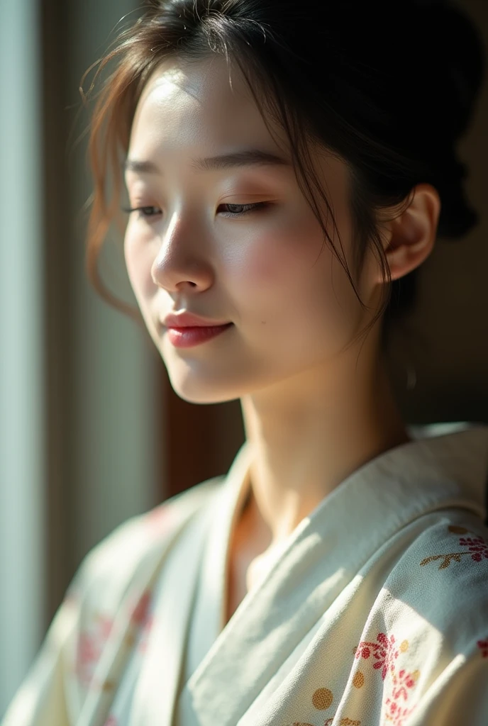 An elegantly dressed Japanese woman in natural light、A close-up of her chest and calm expression.、It shows her inner peace and outer charm.。