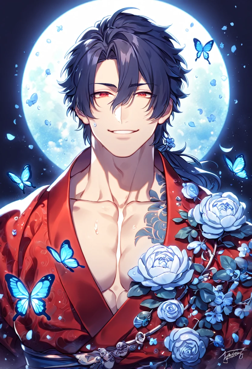 absurdres, highres, ultra detailed, HDR, master piece, best quality, extremely detailed, Koujaku, dark navy hair that is short and a little chopped at the top, has a thick fringe over the right side of his face and keeps the rest tied, expressive red eyes, Dramatical Murder, solo, sexy man, handsome, handsome smile, manly man, sensual, horny, red kimono with patterns, fantasy, magical, blue moon, blue flowers, blue butterflies, blue petals, blossoms, water