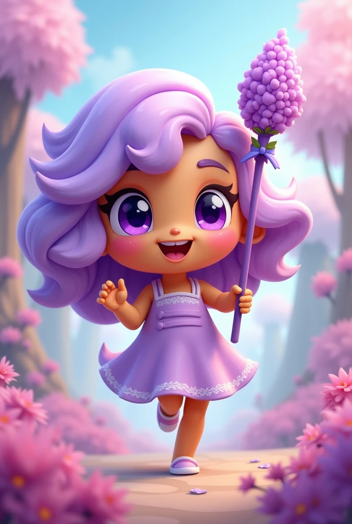 Cookie run: Kingdom style, gigenbread cookie smiling deep purple eyes with white outline, light puffy lavender icing hair, dress, holding a staff with Lavender bloom on top