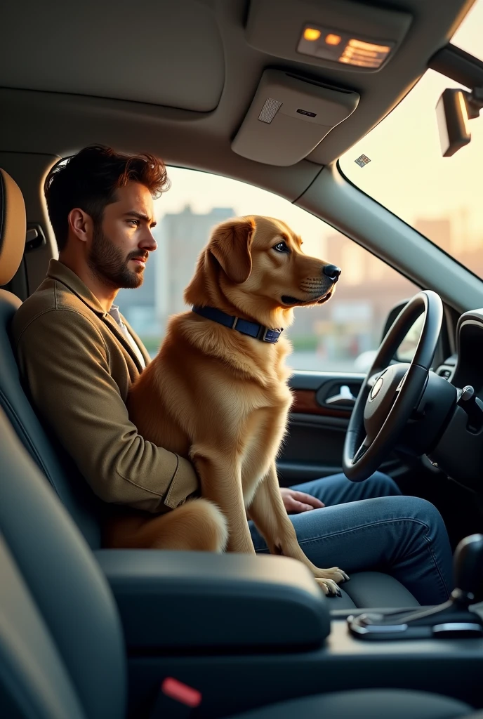 an image of pet taxi where is the dog sitting nicely with the male owner at passanger seat at the back and driven by male driver