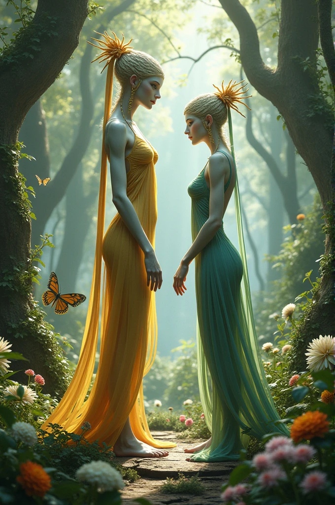 Elegant humanoid creatures with skin that changes color according to their emotions. They are known for their close connection with nature and their ability to communicate with the plants and animals that inhabit the earth..