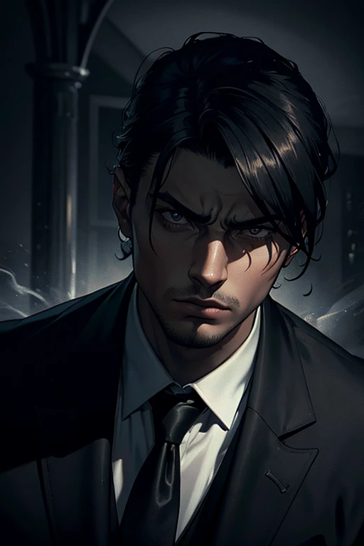 a mafioso in a sleek black suit, age 20, detailed facial features, intense gaze, holding a cigar, dramatic lighting, dark moody atmosphere, cinematic composition, chiaroscuro lighting, dramatic shadows, crime noir style, hyper-realistic, 8k, photorealistic, masterpiece