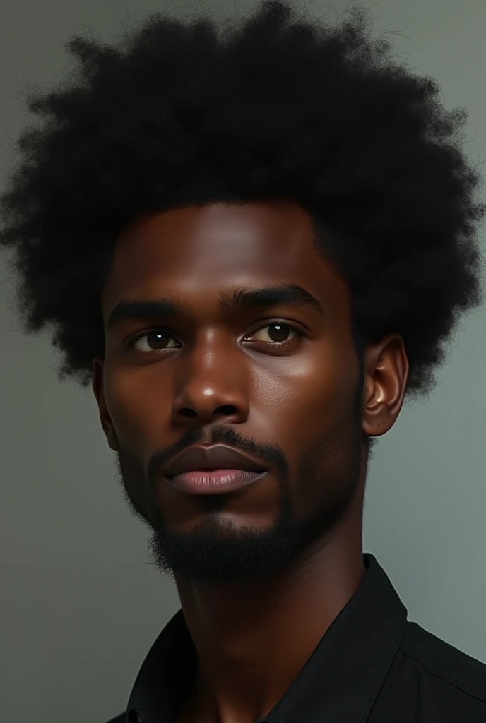 Dark-skinned man,Brown eyes ,black afro hair ,backward, round face , normal eyebrows,Latin Venezuelan, small wide nose without beard with chin on the jaw
