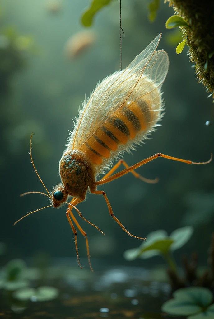 Draw the mosquito pupae transforming into a mix of mosquito pupa and butterfly chrysalis.