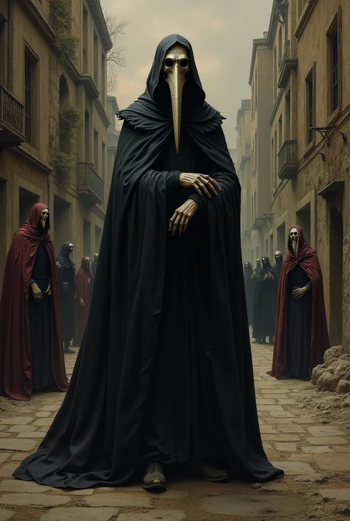 Create a Renaissance-style painting about the Black Death disease, black plague doctors.