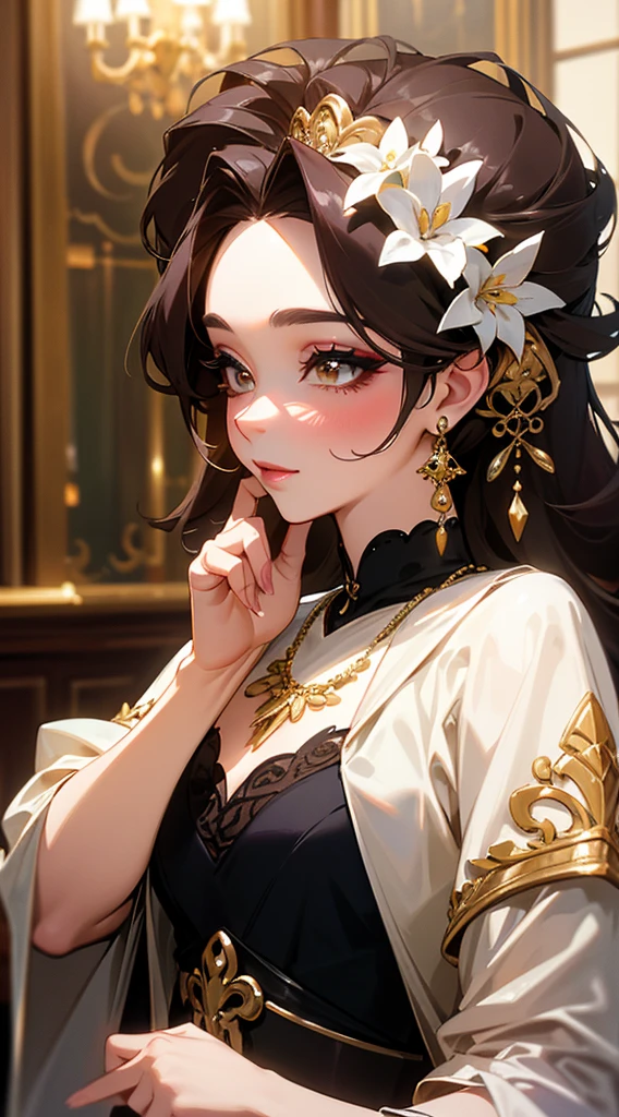 high resolution、Dressed like a Disney princess、Mature adult woman。Luxurious and gorgeous。
Lavish decoration、accessories、makeup