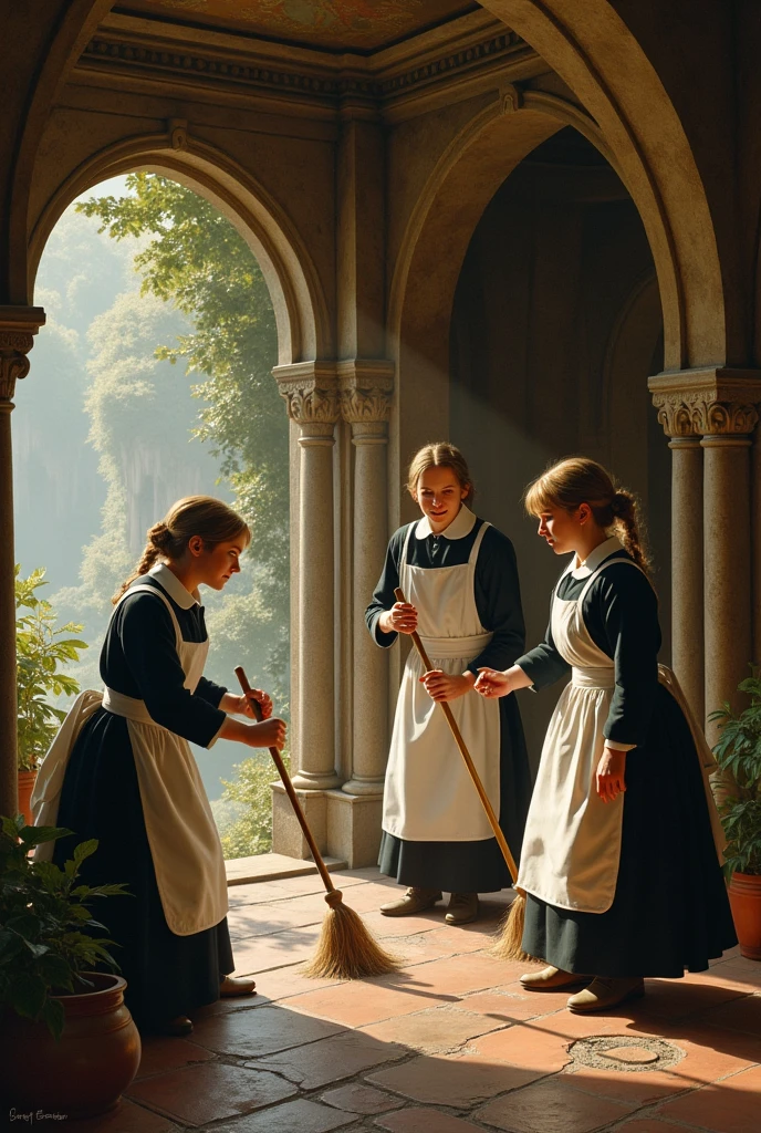 Male and female hobbits in Victorian servants' clothing cleaning a hyper-realistic Rivendell style room.