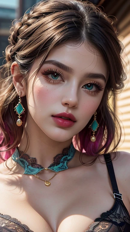 full body  of a beautiful ethereal woman, her very long magenta hair cascading down in soft waves, framing a face of extreme detail and elegance. Her eyes, big and colorful, boast three gradient teal shades of eyeshadow and eyeliner, accentuating her double eyelids and long lashes. Rosy cheeks adding a touch of warmth to her ethereal beauty, and her skins glossy texture shines in the cinematic light, highlighting each and every realistic pore and Wrinkle. Full lips adorned with golden glitter on her lipstick, complementing the magenta and teal jewels she wears around her neck and her classical updo bun,highly detailed  face, detailed face, perfect proportions, well-proportioned body of six heads, ????????????, thin waist, navel, big ???? , ?????? gap, large thighs,She is wearing (VICTORIA'S SECRET
???? Tee (Push-Up Front-Close Lace Bra:1.3,(Lace Front ????? ?????:1.3)),