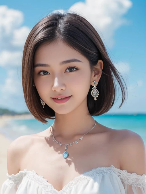 (((masterpiece,Highest quality,16K,Perfect detail, Super detailed, Depth of written boundary))), Medium Shot, The most detailed girl, Beautiful and detailed whole body, A neat figure, 21-year-old woman, Mature Woman,short hair, short haired,For men, Light brown hair, Hair blowing in the wind, Super beautiful, Happy, Intricate details、Beautiful and delicate eyes, Large Duplex,Cute Smile,Open your mouth a little, Small breasts, White skin, Earrings, Beautiful and gorgeous necklace, Off-the-shoulder dress, Beach, Beautifully detailed skies, Beautiful blue sky and white clouds, Very delicate and beautiful,