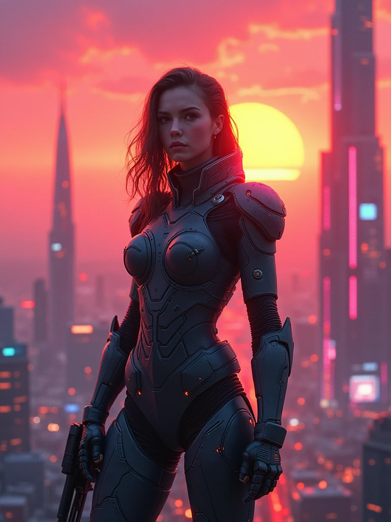 photografic realistic 4k cyberpunk warrior girl, standing sunset