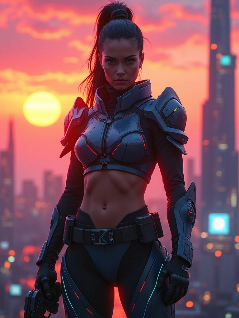 photografic realistic 4k cyberpunk warrior girl, standing sunset