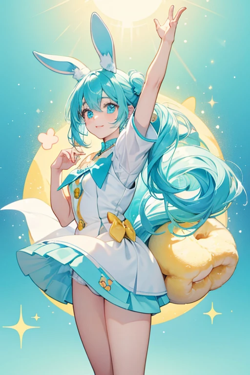 Flour is a cyan GIRL donut-shaped rabbit with a light yellow underside and paws. SPARKLE; GLITTER