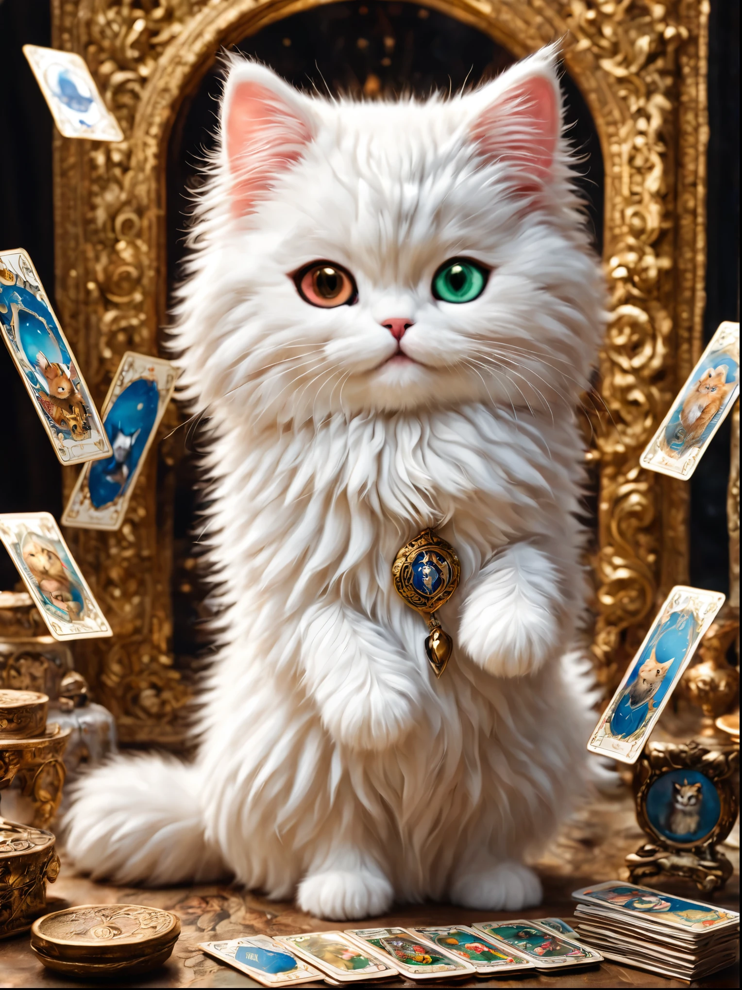 (minuet、with tarot cards、Odd Eye),,cute,Masterpiece artwork,Maximum quality,fluffy cat,,luscious,tre anatomically correct,,fancy,cats,minuet,Odd Eye