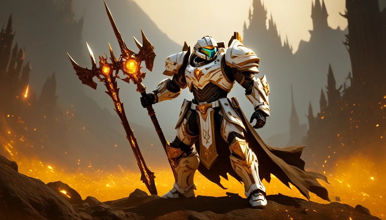 Masterpieces, male, Holy white Knight, (white armor) Action style shot, (no undercloth), shot of the characters back looking out over a landscape of a dead forest with a red full moon and Vampire end boss castle. (Holding a World of warcraft paladin hammer), Glowing amber colored Christian Cross on breastplate, (Battle Priest in a warframe and halo style armor Holding a World of warcraft paladin hammer with radiant amber light, emanating potent gold light magic.), (amber half cape), (action shot), (white, amber and gold color scheme), (5 amber gems on belt), (holy light magic effects), white and amber tabard, (holy light magic background effects), centered, full body shot fighting, sci-fi knight, Halo master chief, vibrant colors, visible figure joints, cinematic shot, volumetric lighting, intricate pattern detail, highly detailed