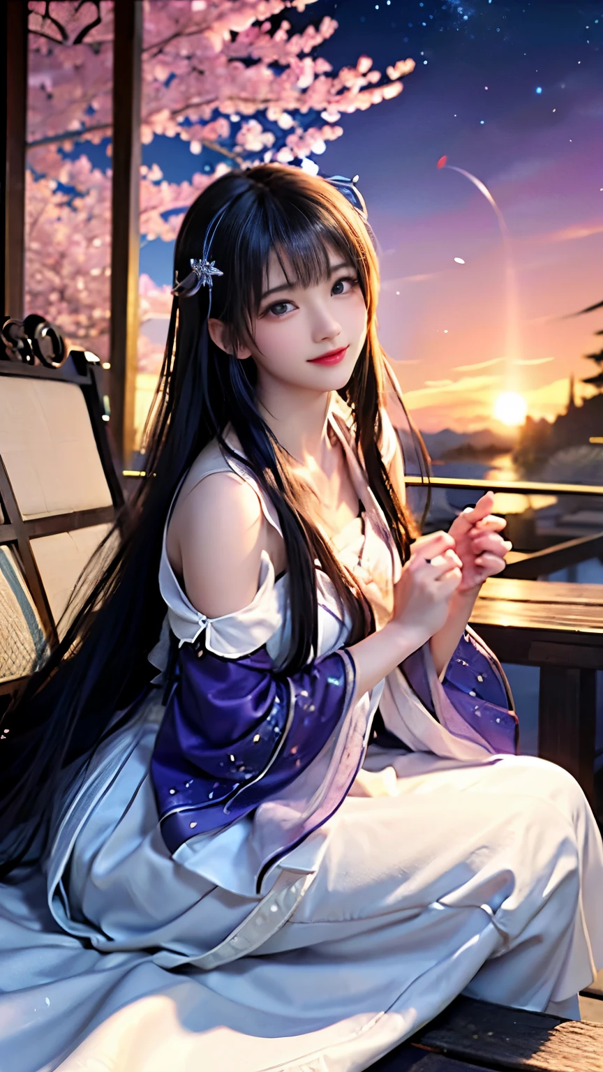 (logo、masterpiece、8k、Tabletop、RAW Photos、wonderful、最high quality、フォトリアルでVery detailedなCG合成8k壁紙、high quality、Very detailed、Narrative poem、Particle Effects、Dynamic Effects、Depth of the Boundary)What is written is、Cinematic Light、Lens flare、Ray Tracing)、Fantasy、(Purple Dress)、(night、night空、Starry Sky、full moon)、(Girl looking up at the sky)、sit、cute、Japanese style、 (smile)、Long Hair、Strong winds、(Hair blowing in the wind)、(White Dress)、Natural light、moonlight、(Horizontal photography)、(chest emphasis)、(Low position)、(Low - Angle)