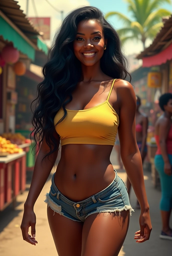 ((Super realistic ))there is a slim black woman with thick thigh, the woman has curly black curly, she has dark skin, with dark brownish skin, with long curly, long black wavy moist hair she is wearing very short shorts in a busy Jamaican market place 🇯🇲 whilst happy 