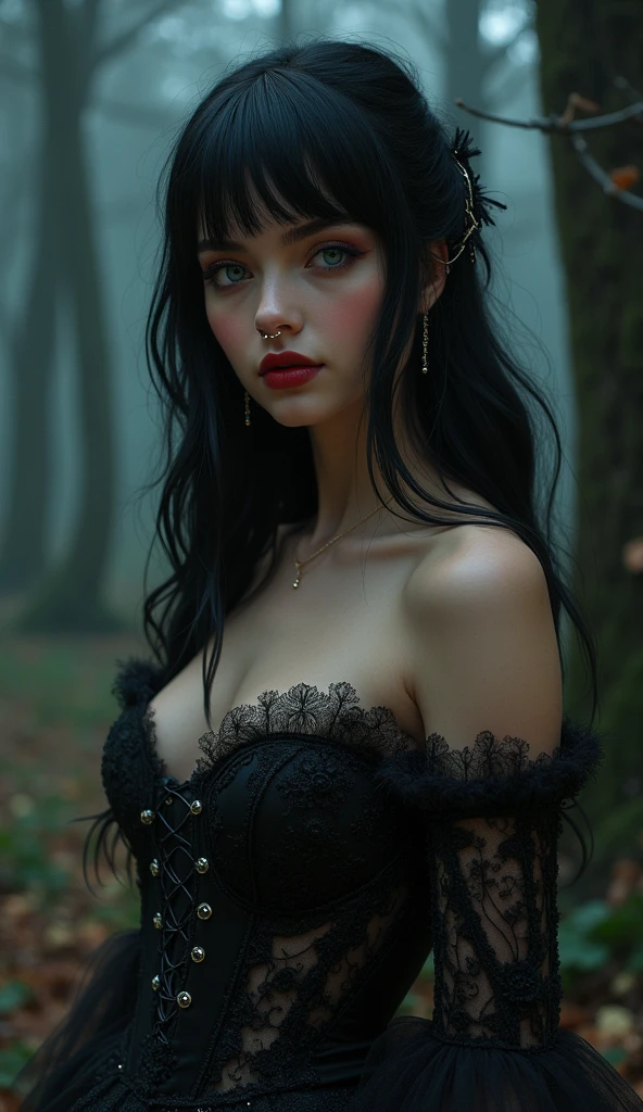 A strikingly beautiful 18yo Italian girl with long, jet-black hair and blunt bangs sits confidently. Her large, expressive ice blue eyes are framed by bold, arched eyebrows and she wears subtle, yet precise, makeup with dark eyeliner and dark red lipstick. Beautiful detailed eyes, beautiful detailed lips, long eyelashes, slightly tanned skin, flawless complexion, graceful posture, sensual aura, alluring smile, nose ring, beautifull dress, gigantic breast in a Tight black dress, wearing an ornate outfit, ornate dress, intricate dress, elegant corset, ornate and elegant, extravagant dress, ornate attire, intricate outfit, ornate royal gown, ornate clothing, ornate gown, intricate and elegant, intricate detailed dress, ornate, royal dress, detailed hand, Transparent clothing, (detailed skin texture, detailed cloth texture), model shoot style, full shot body photo of the most beautiful artwork in the world, highly detailed illustration, walking through a dark forest at midnight, deep focus, d & d, fantasy, intricate, elegant, highly detailed, digital painting, artstation, concept art, sunset, matte, sharp focus, pouty lips, ultrarealistic, shot in the style of Wes Anderson, Mysterious and seductive atmosphere