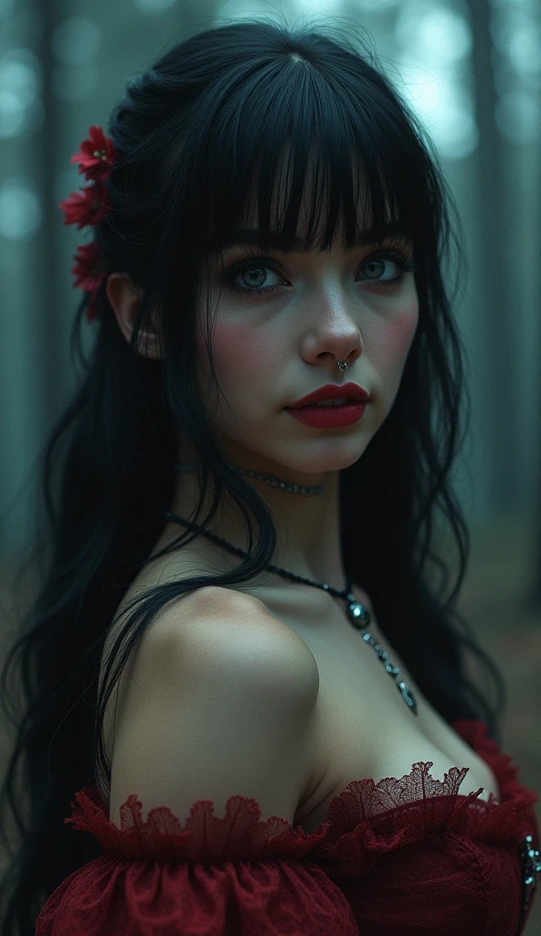 A strikingly beautiful 18yo Italian girl with long, jet-black hair and blunt bangs sits confidently. Her large, expressive ice blue eyes are framed by bold, arched eyebrows and she wears subtle, yet precise, makeup with dark eyeliner and dark red lipstick. Beautiful detailed eyes, beautiful detailed lips, long eyelashes, slightly tanned skin, flawless complexion, graceful posture, sensual aura, alluring smile, nose ring, beautifull dress, gigantic breast in a Tight black dress, wearing an ornate outfit, ornate dress, intricate dress, elegant corset, ornate and elegant, extravagant dress, ornate attire, intricate outfit, ornate royal gown, ornate clothing, ornate gown, intricate and elegant, intricate detailed dress, ornate, royal dress, detailed hand, Transparent clothing, (detailed skin texture, detailed cloth texture), model shoot style, full shot body photo of the most beautiful artwork in the world, highly detailed illustration, walking through a dark forest at midnight, deep focus, d & d, fantasy, intricate, elegant, highly detailed, digital painting, artstation, concept art, sunset, matte, sharp focus, pouty lips, ultrarealistic, shot in the style of Wes Anderson, Mysterious and seductive atmosphere