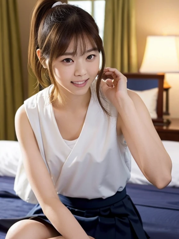 (Masterpiece, Best quality: 1.2), (Ultra realistic, Photo-realistic: 1.2), Sailor suit, Navy skirt, Full body, Natural light, 20 years old school girls, Japanese women, Neat and clean, School, (ponytail:1.2), Light brown hair color, (Beautiful Face), Oval face, clear, (Beautiful eyes, Kind eyes), (Clear skin), Small face, (Small mouth, Beautiful mouth), Natural makeup, Approachable, Luxury hotel Suite room, On bed, Seductive smile, (Seductive pose:1.2), (Beautiful thighs:1.2), Bedroom eyes,