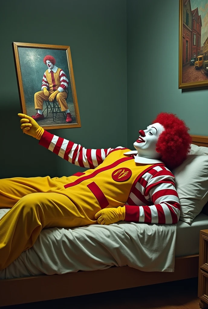 Ronald McDonald lying on a bed holding a painting facing him