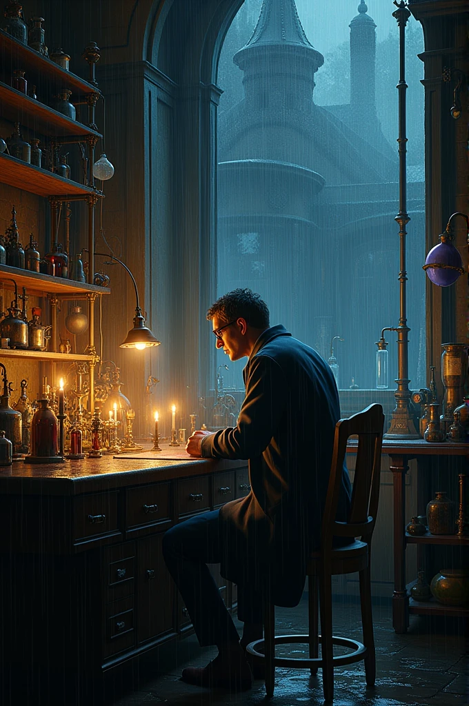 On a rainy and gloomy night, the brilliant scientist Dr.. Cornelius Finchley was absorbed in his experiments in the secret laboratory of his Victorian mansion.. The dim candlelight added a mysterious air to the room., while he worked on his fantastic machines