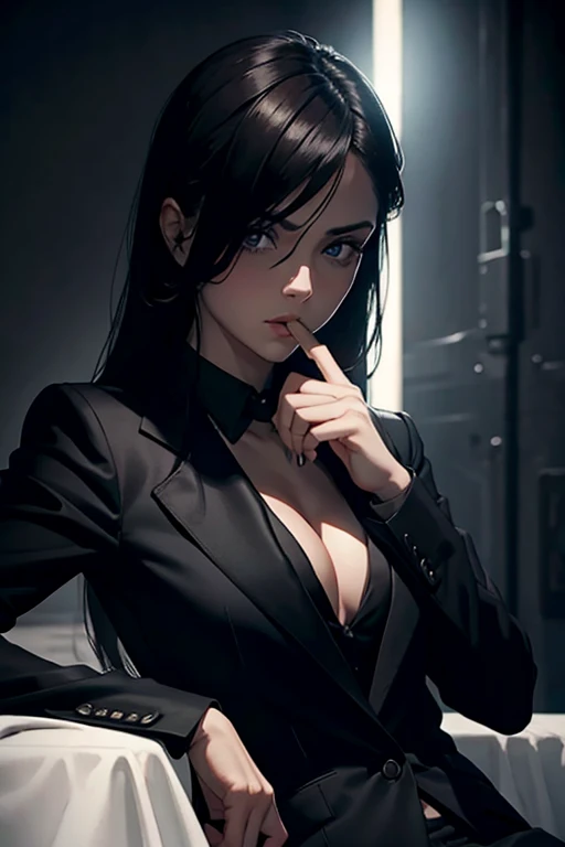 a mafioso woman in a sleek black suit, age 20, detailed facial features, intense gaze, holding a cigar, dramatic lighting, dark moody atmosphere, cinematic composition, chiaroscuro lighting, dramatic shadows, crime noir style, hyper-realistic, 8k, photorealistic, masterpiece