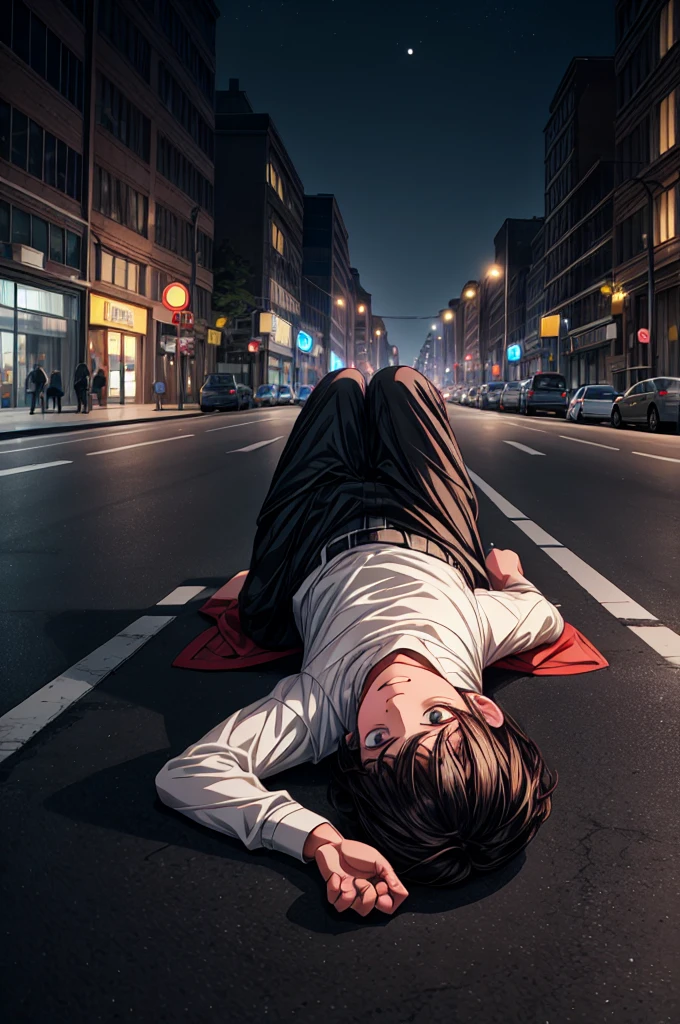 A 25 year old boy is lying in the middle of an empty street at night, UHD, 4K, ULTRA HD, RAW PHOTO, ANIME,
