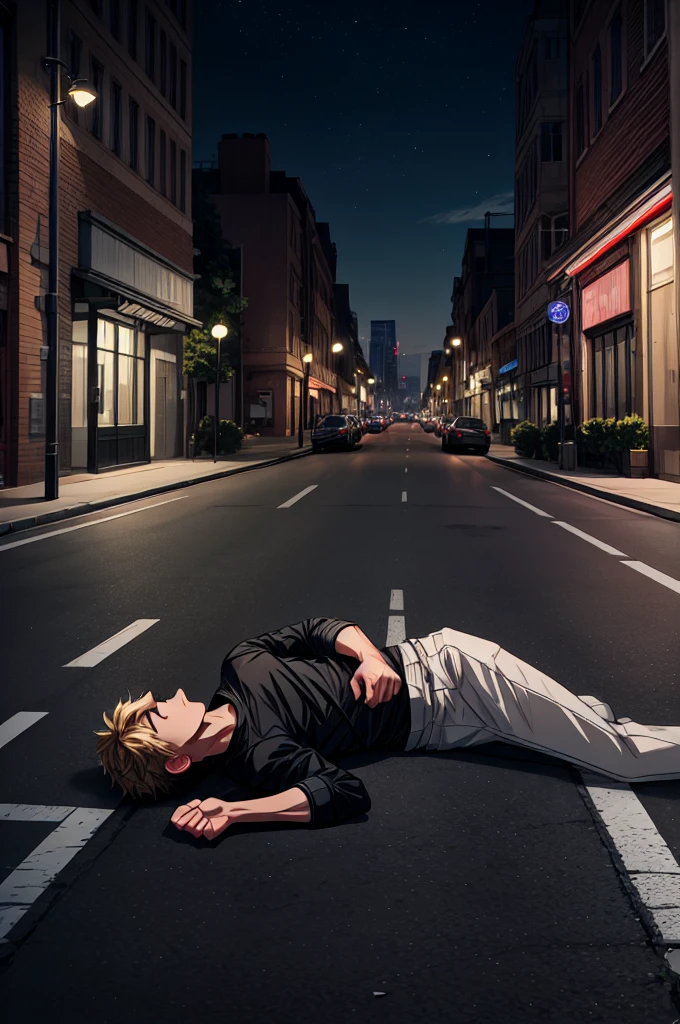 A 25 year old boy is lying in the middle of an empty street at night, UHD, 4K, ULTRA HD, RAW PHOTO, ANIME,