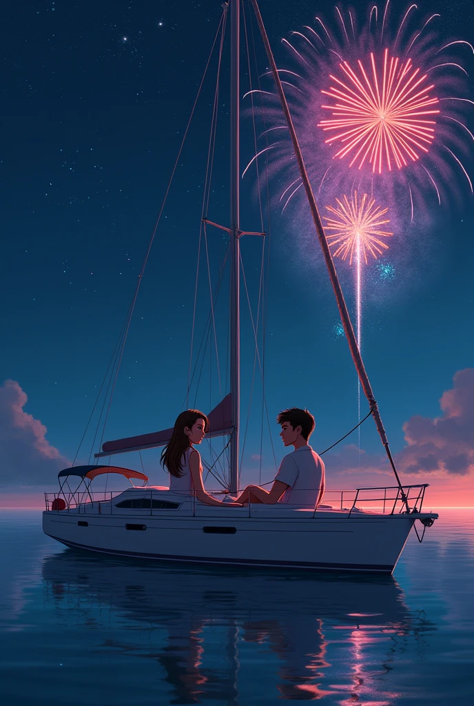 Lake bottom of Italy,  a brown-haired girl with long hair, straight, with light brown eyes. Black haired boy with blue eyes, and little beard, both on a yacht, with fireworks in the dark blue sky