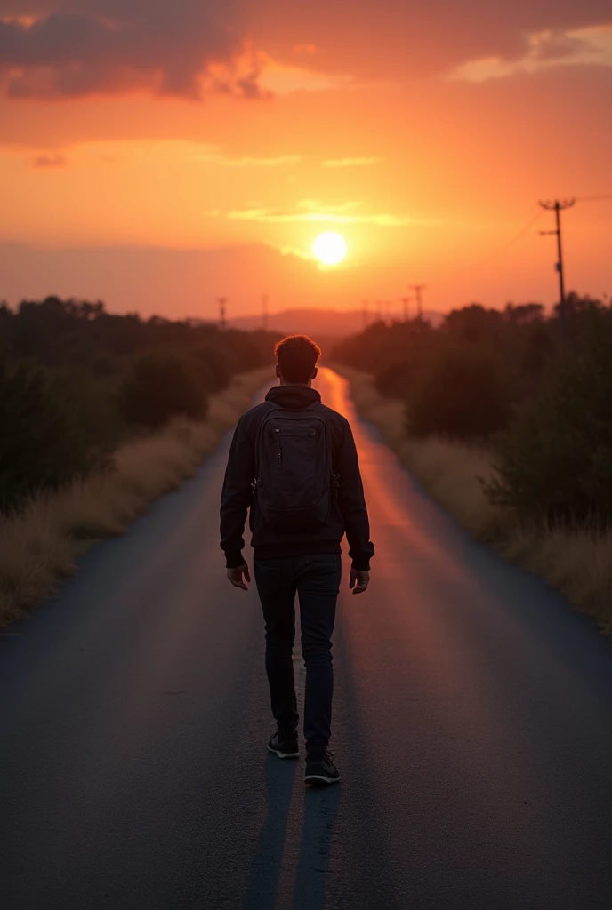 In the wilderness at sunset, a man walks quietly on the asphalt road leading to the distance, his back is full of loneliness