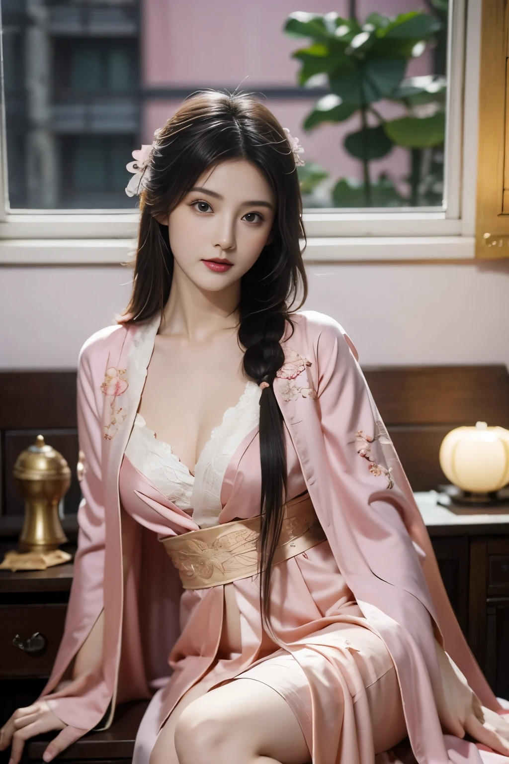 Dark environment,Except for the moonlight outside the window(Side lighting),Art Nouveau,Faint candlelight,Beautiful and attractive woman 20 years old in luxurious robe feeling happy,Oriental element pink gauze cape(Clothing gradient color 1.2),Intricate clothing accessories。Border decoration、embroidery,Dark silk long skirt,Clothing that fits tightly around the body ,Perfect face and body,Beautiful standard breasts, Toned thighs,medium to long shot ,Emerging Art Background,Tea,antiquity,Sitting elegantly at the desk