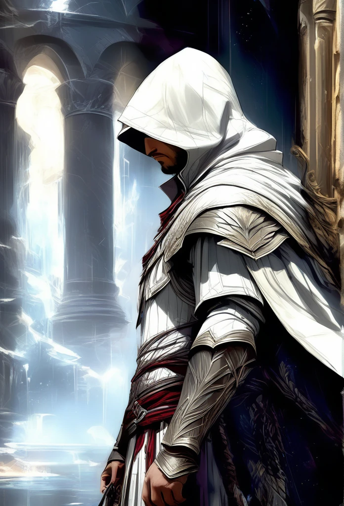 ezio auditor:1.4, Un Very detailed, ilustrACión cinematográfica de un asesino del universo de Assassin's Creed:1.4, He wears a striking white hooded cloak and a hidden blade, Facing a temperamental, atmospheric background, iluminACión dramática, intricate and ornate architecture, photorealistic, Digital art, conceptual art stylequality\(8k,extremely detailed CG unit wallpaper, masterpiece,High resolution,top-quality,top-quality
 real texture skin,hyperrealistic,increase resolution,RAW Photos,The best quality,Very detailed,The wallpaper,
iluminACión cinematográfica,ray trace,golden ratio\), BREAK .AC_neg1