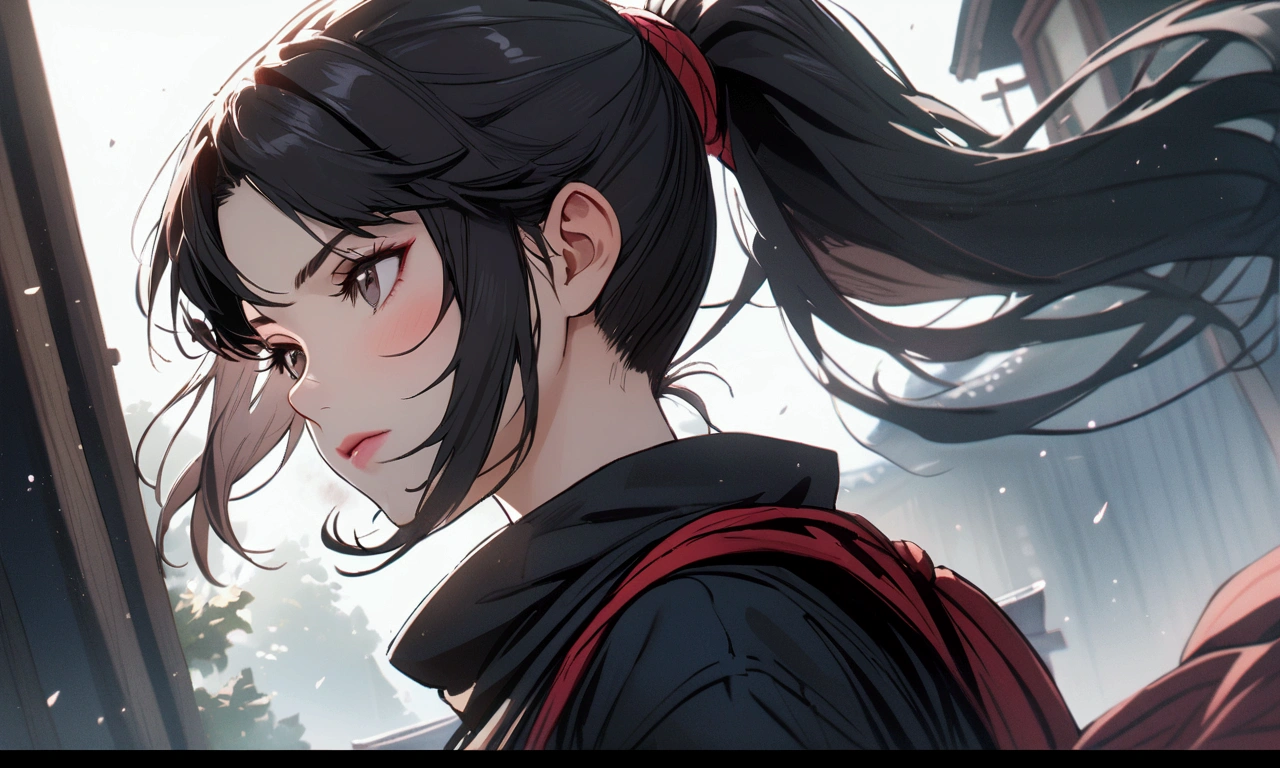 dark hair, female, white breath, , girl, ponytail hair, young face, ninja