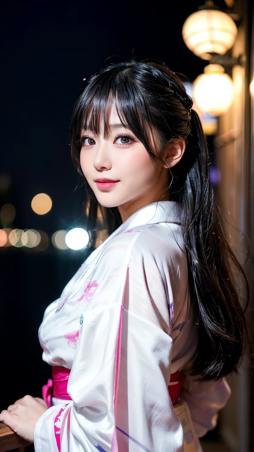 (logo、masterpiece、8k、Tabletop、RAW Photos、wonderful、最high quality、フォトリアリスティックでVery detailedな CG 複合 8k 壁紙、high quality、Very detailed、Narrative poem、Particle Effects、Dynamic Effects、Depth of the Boundary、Cinematic Light、Lens flare、Ray Tracing）、 (One beautiful woman wearing a yukata、White yukata、Light purple pattern)、Black-haired、High definition skin、Very fine、Fine skin texture、Beautiful Face、True Face、Beautiful details in the eyes、Realistic eyes、Beautifully detailed eyes、Realistic Skin、Beautiful Skin、Surreal、Smiling Eyes、Hair and light eyes、vivid、Colorful lights and bokeh、plump lower lip、Pink Lips、Hair flutters in Wind、Hair bounces、wonderful景色、night、evening、Wind、moonlight、moonlight、light