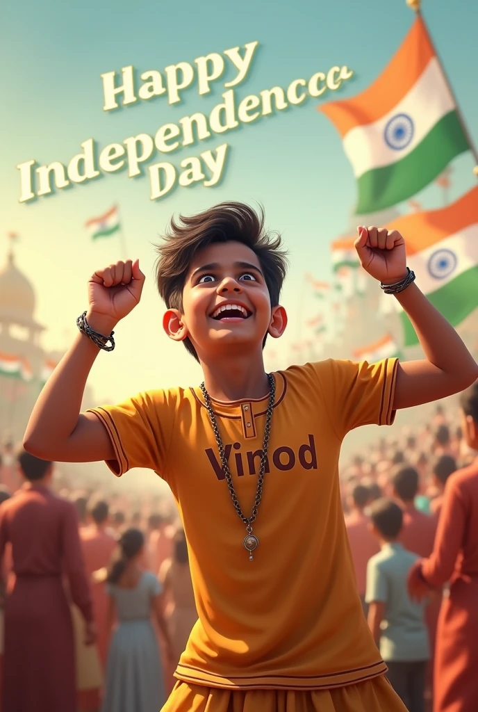 "Generate a real-life image of a 21-year-old boy joyfully celebrating Indian Independence Day. The individual is dressed in traditional Indian attire with the name 'Vinod' prominently displayed on their clothing. The sky above them features the words 'Happy Independence Day' in a bold font. The background is alive with a crowd of people celebrating, creating a vibrant and patriotic atmosphere."
