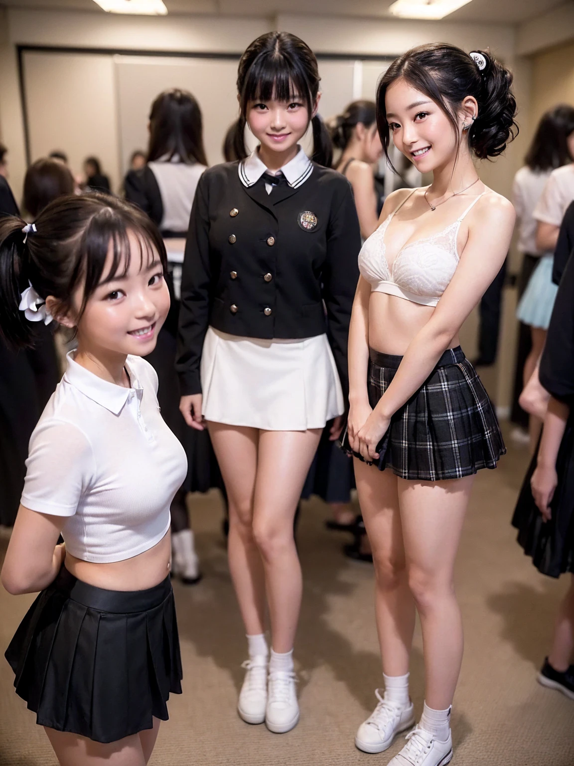 (8k、Raw photography、Highest quality、masterpiece:1.2),(Black Hair:1.5),(Mr...々Cute hairstyle、Bobcut、Very short hair、ponytail、Twin tails:1.4),(6 high school girls、The girls are all very beautiful、Wearing uniform:1.6)、(Checked skirt: 1.2)、(Clothing that emphasizes the shape of your chest、Big Breasts:1.6)、(Group attendance at school:1.4)、Ultra-high resolution,(grassland:1.3)、(Japanese women: 1.2),(Photorealistic:1.37)、Photon Mapping,reality、(Everyone is so cute, like an idol: 1.7)、(Cute Smile: 1.7)、(Round face: 1.8)、(Baby Face: 1.2)、Radio City、Physically Based Rendering、Depth of field rally background、photograph, (Wearing a skirt that is too short: 2.0)、((Ultra mini skirt、Her skirt is short、White panties are visible..:1.4)),(All of them are wearing very short skirts、Angle from below、Beautiful thighs and panties: 1.5)、whole body、Super Fine、((Showing panties:1.4)),(6 high school girls lift up the skirt:1.39)、A very cute young-looking girl:1.2、Slim body,Thin legs,(Very small face),(Browsing Caution:1.15)